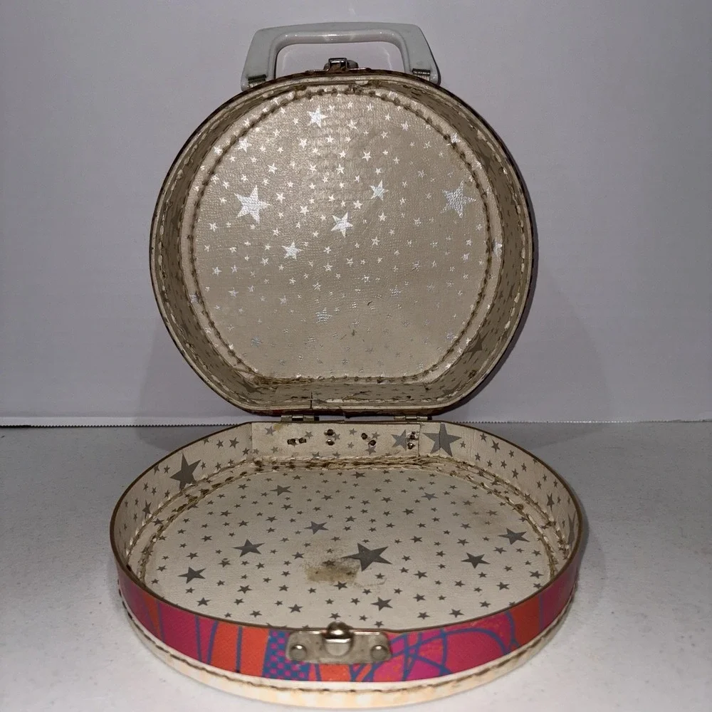 Vintage 1970's Mod Psychedelic Round Doll Case Hat Box Child's Suitcase Pink